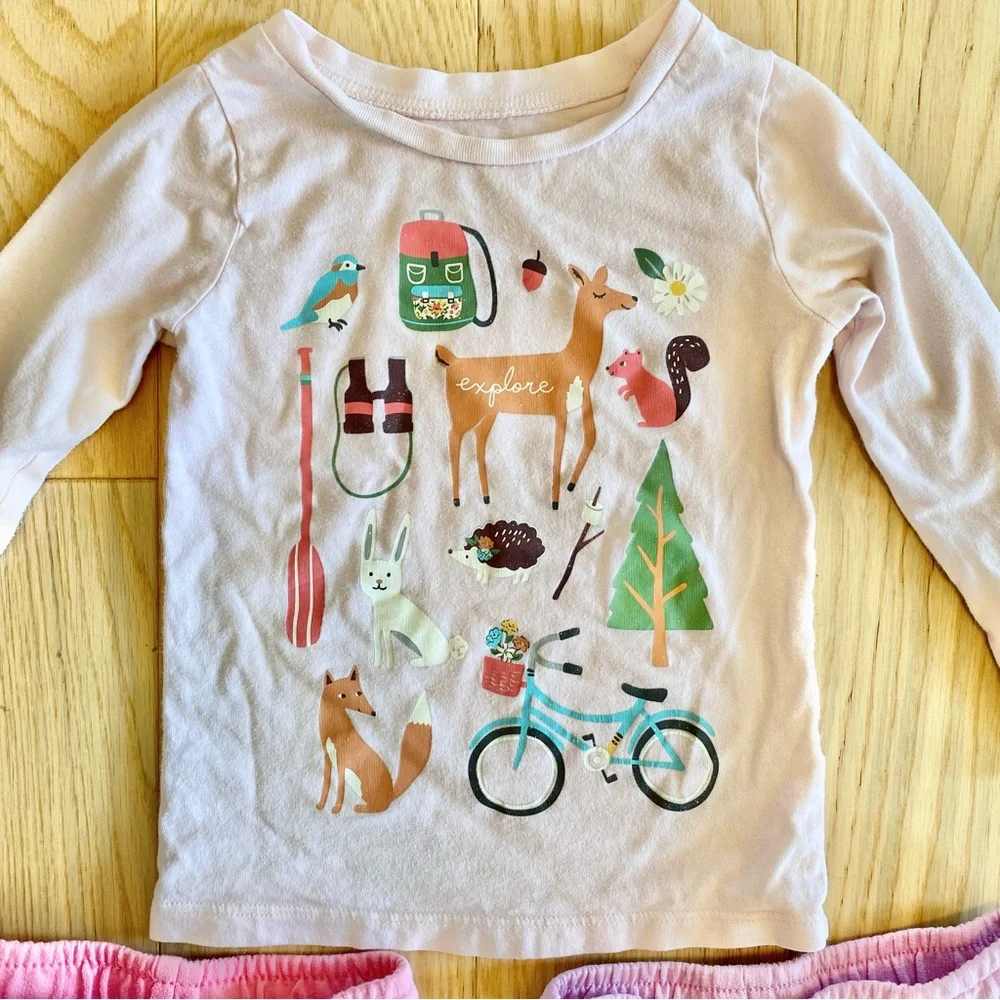 2T Girls Outfit - Long Sleeved Nature Print Shirt and Two Drawstring Shorts